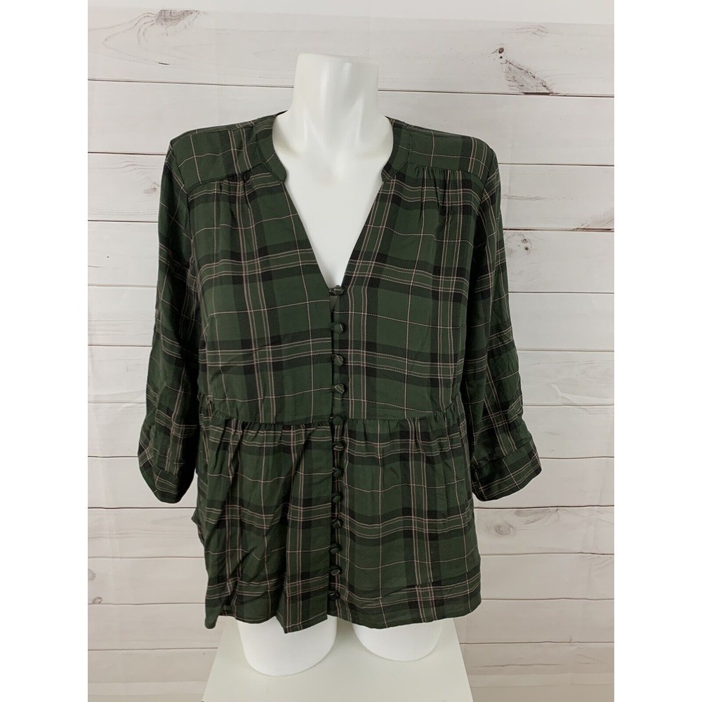 Torrid Womens 3/4 Sleeve Roll Tab Army Green Plaid Button Down Top Shirt Plus 00 - Picture 2 of 8